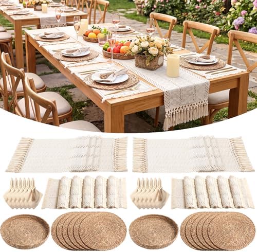 12 Sets Boho Table Runner and Woven Round Placemats Set, White, 12x72 by Gandeer