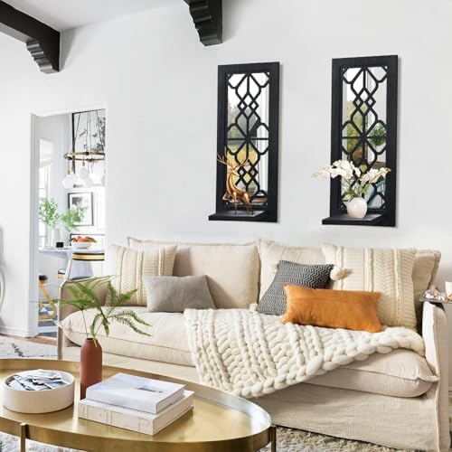 ZEXUIRU 2 Set Rustic Candle Sconces Living Room Bedroom Entryway Wood Mirrored, Farmhouse, Carved Frame Wall-Mount Wooden Candle Holders Wall Decor Hanging Handmade Holder - Black - Image 3