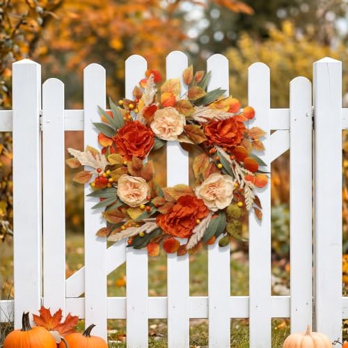 24 Inch Fall Wreath for Front Door, Autumn Harvest Wreaths with Yellow Leaves, Peony, Artificial Wreath for Indoor Outdoor Porch Thanksgiving Home Farmhouse Decorations - Image 3