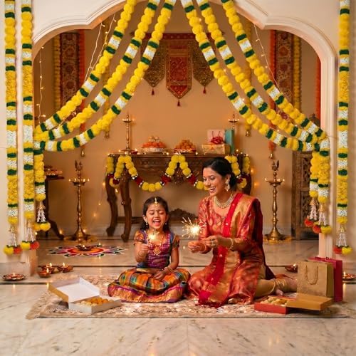 DIYANA IMPEX 4 Pc Artificial Marigold Garland with Bells, 5 Ft Long Hanging Flower Strings for Diwali Decorations, Indian Wedding, Party, Home Decor, Ganpati Hanging Decor & Mantle Decor (Yellow) - Image 3