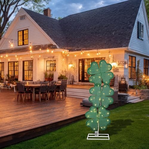 VIHOSE St Patricks Day Shamrock Shape Lights Yard Signs 41 Inch H Pre-lit Lighted Decor with 50 Warm White Lights Irish Day Four Leaf Clover Decoration for Indoor Outdoor Porch Garden Lawn - Image 6