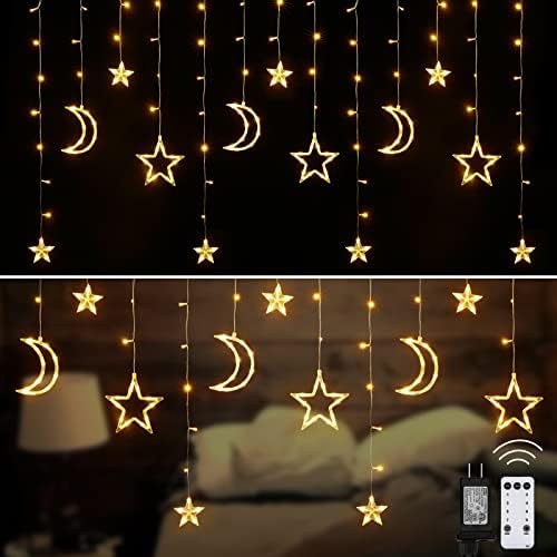 Christmas LED Curtain String Lights - 18FT 12 Drops 138 LED Star Moon Hanging Lights with Remote, 8 Modes, 6H Timer, Waterproof Connectable Window Lights for Indoor Outdoor Holiday Decorations by Brightown