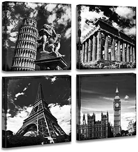4 Piece Black White European Landmarks Canvas Wall Art, Framed 12x12in by JiazuGo