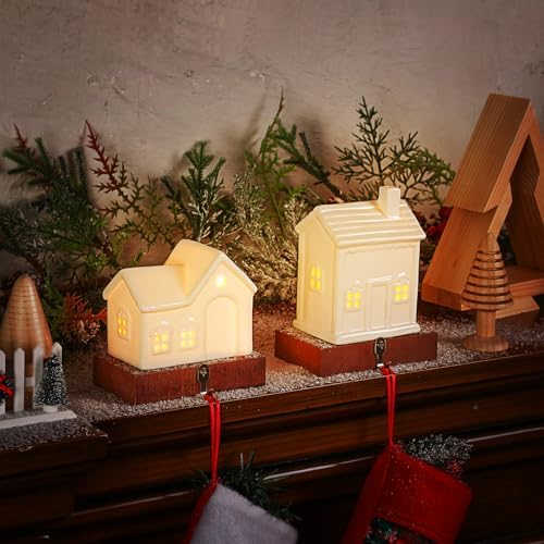 2 Pcs House Stocking Holder Christmas Stocking Holders for Mantle White House Stocking Holder LED Light up Stocking 3D Ceramic House Stocking Hanger Decorative Fireplace Mantle Stockings Hook by Duucoepl
