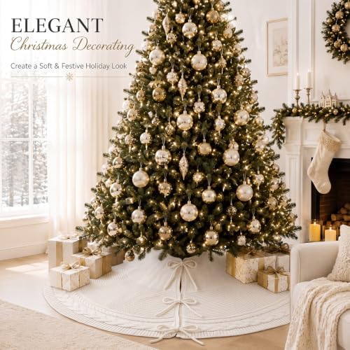 Hollowfly 48 Inch Cream Christmas Tree Skirt for 7.5ft Tree Cable Knitted - Image 2