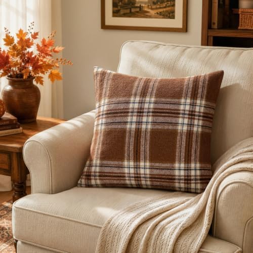 MIULEE Fall Plaid Decorative Pillow Covers Set of 2 22x22 Brown - Image 5