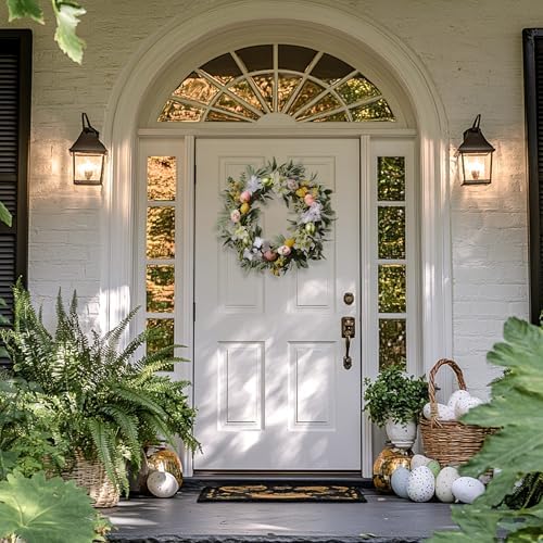 Valery Madelyn 24'' Collapsible Lighted Easter Wreaths for Front Door, Pre-lit Spring Door Wreath with Pastel Eggs, Daisy Flowers & Silk Lambs Ear Leaves, Farmhouse Indoor Outdoor Wall Window Decor - Image 4