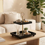 Modern 2 Tier Black Rectangular Decorative Tray with Gold Handle - Image 2
