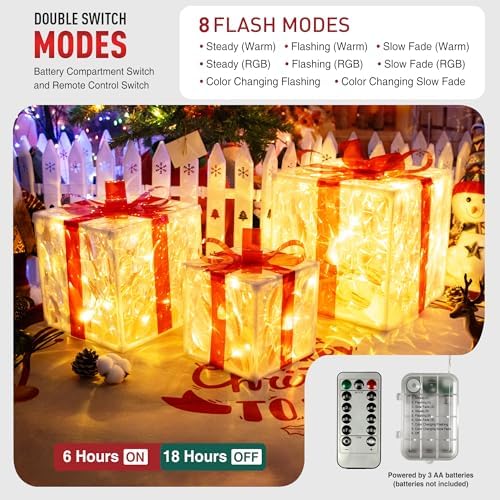 Set of 3 Christmas Lighted Gift Boxes with 50 LEDs,Outdoor Christmas Decorations,8 Modes RGBW Lights,Battery Operated Light Up Present Boxes for Christmas Trees Indoor Outdoor Home Yard Lawn Decor - Image 2