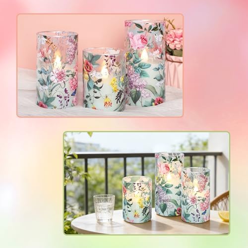 Floral Flameless Candles with Remote Timer, Pink Rose and Lilac Pattern LED Glass Candles, Battery Operated for Home Party Wedding Christmas Spring Valentine's Day Decor, Set of 3 - Image 2