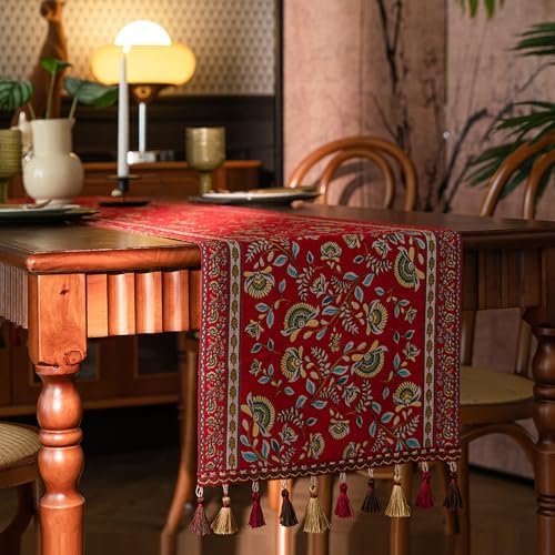 Spring Floral Table Runner 118in Long - Nordic Vine Red Embroidery Jacquard with Tassels, Elegant Easter & Mother's Day Decor for Farmhouse Dining Table, Wedding & Dresser (Vine Red, 13.7"x118") - Image 2