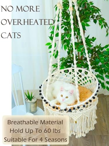 KARCEEY Macrame Cat Hammock - Hanging Cat Bed for Wall & Window - Boho Swing with Full Hardware Kit & Nip Toy - Stable Heavy Duty Design for Large & Senior Felines up to 60lbs - Image 6