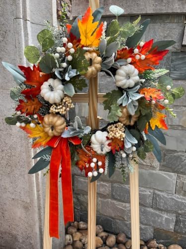 Fall Front Door Wreaths with Ribbon, 24 Inch Pumpkin Autumn Wreath - Image 4