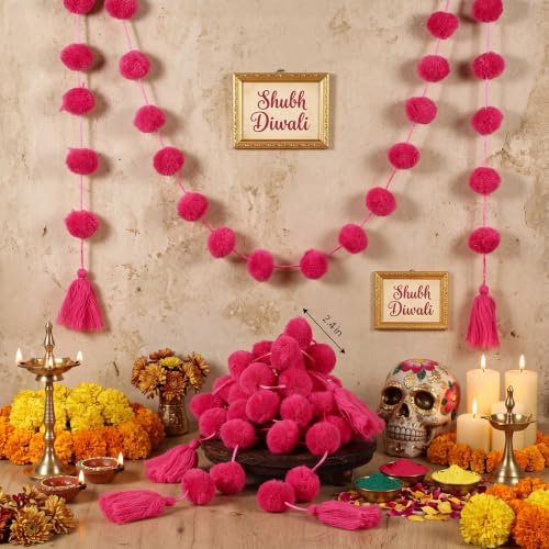 Yalikop 10 Pcs Pom Pom Garland 5 ft Diwali Party, Rose Red - Image 3