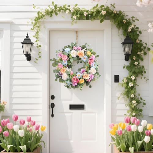 Spring Wreaths for Front Door,Summer Wreath with Peony Rose and Dahlia Flowers,24 Inch Floral Door Wreath for All Seasons Outside Outdoor Indoor Wall Wedding Holiday Home Decor - Image 2