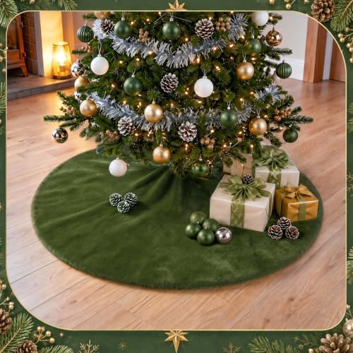 Viorawhite Moss Green Christmas Tree Skirt, 48 Inch Faux Fur Tree Skirts - Image 4