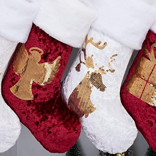 GEX Christmas Stockings 8 Pack for Family 20" Gold Sequins Red Velvet with White Soft Faux Fur Embroidery Classic Fireplace Tree Decorations for Xmas Season Decor (Set of 8) - Image 4