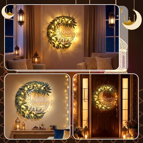 Cinnvoice Eid Ramadan Mubarak Wreaths Door Sign Artificial Leaves Ramadan Hanging Wreath Decoration for Front Door Eid Al Fitr Moon Wood Sign Wall Garland Hanger for Islamic Muslim Home Party Decor - Image 5