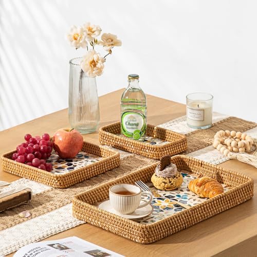 Set of 3 Rattan Serving Trays with Mother of Pearl, Terrekraft - Image 6