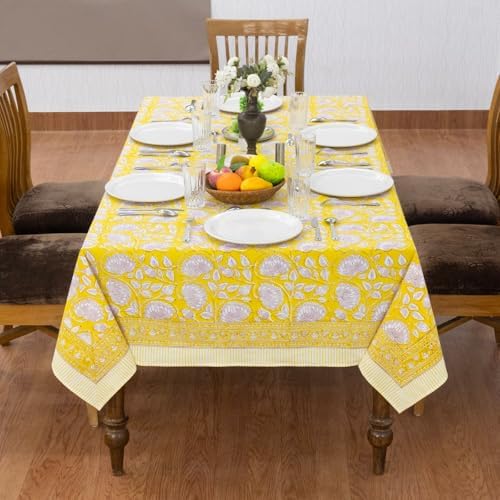 Home Spun & Crafts 72x180 Inches Rectangle Hand Block Print Tablecloth, 100% Cotton, Yellow Floral Table Cloths Washable, Traditional Indian for Dining Outdoor Thanksgiving Halloween Christmas - Image 4