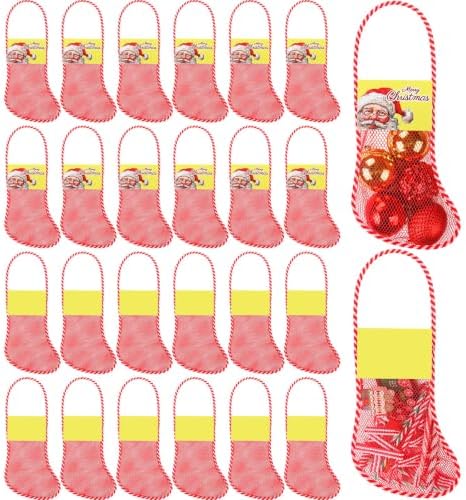 Leyndo 48 Pcs Long Mesh Christmas Stockings Bulk 24 18 Inches Christmas Stockings with 24 Santa Header Card Candy Cane Xmas Stocking for Event Gift Stuffing Family Holiday Party (Yellow) by Leyndo