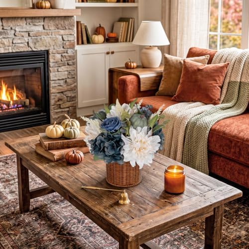 Hollyone 13.8" Fall Flowers Arrangement in Baskets Pot Outdoor Indoor Fake Pumpkin Hydrangea Peonies Artificial Flower in Woven Baskets Fall Decor Blue White Faux Plants Porch Home Autumn Decorations - Image 7