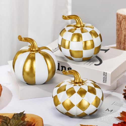 Briful 3-Piece White and Gold Resin Pumpkin Set Modern Fall Decor - Image 5