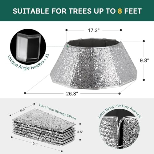 HarcoHome Dazzling Christmas Tree Collar - 26" Sequined Stand Base Cover, Foldable Ring & Handmade Skirt for Xmas Tree Decoration (Silver, Diamond) - Image 6