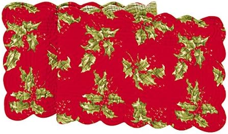 Red Holly Leaves & Berries Cotton Quilted Christmas Table Runner, 14" x 51" by CFHome
