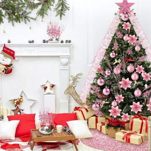 Realspring 72 Pieces Christmas Tree Ornament Set Xmas Assorted Decorations Bulk Glitter Poinsettia Berry Picks Topper Star Sequin Tree Skirts for Home Wreaths Holiday Party Favors (Pink) - Image 6