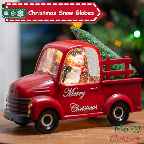Snowman Christmas Snow Globes Red Truck Carrying Christmas Tree Water Lantern, 8 Christmas Music, Holiday Decorations Gifts for Family, Children or Friends - Image 5