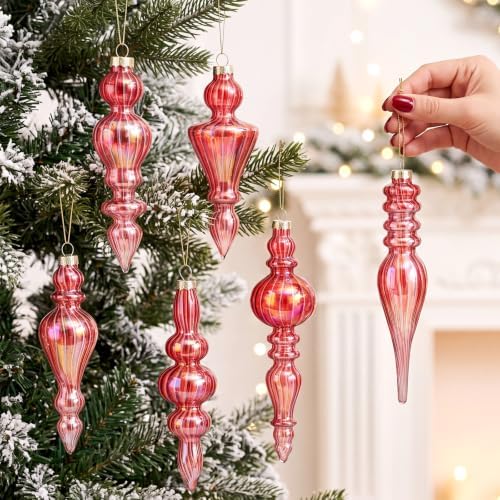 Soaoo 6 Pcs 6.3 in Iridescence Red Mercury Glass Finial Christmas Ornaments - Image 2