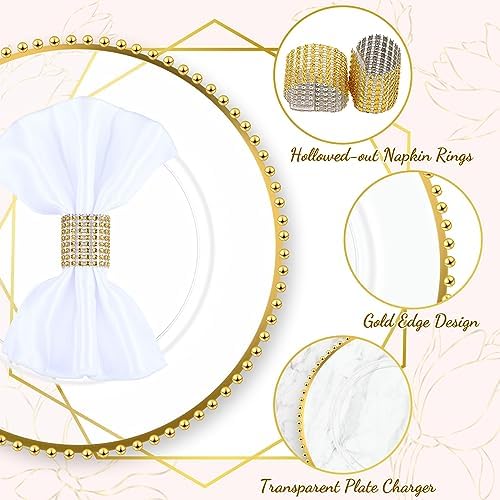 Uiifan 50 Sets Clear Gold Charger Plates Bulk with Napkin Rings Set 13 in Beaded Plastic Charger Plates Hollow Napkin Rings Round Dinner Plate for Wedding Party Table Setting Event Decoration - Image 3
