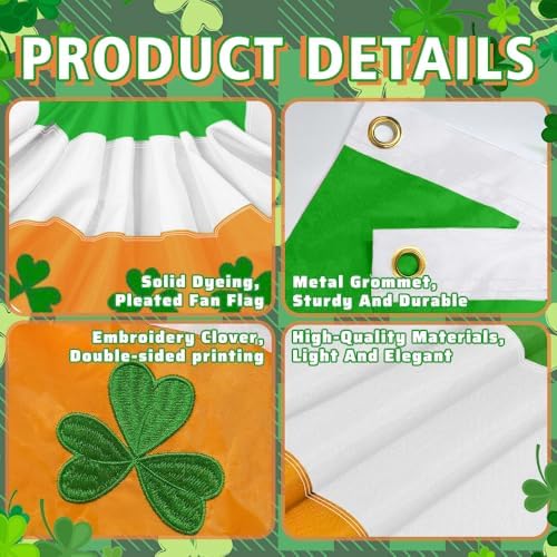 4Pack St Patrick's Day Bunting Flags 2x4 Ft Irish Pleated Half Fan Flags with Embroidered Shamrock Ireland Patriotic Bunting Banner with Grommet for Indoor Outdoor Garden Decorations - Image 2