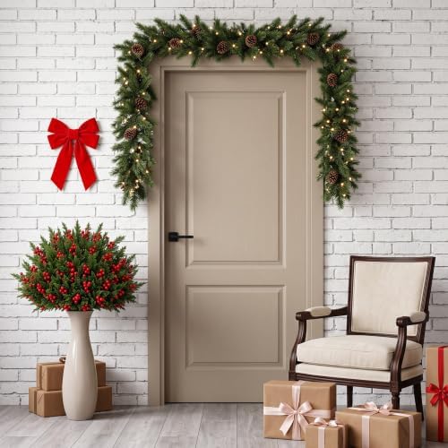 500 Pcs Artificial Christmas Snow Pine Branches with Red Berry Stems 10.6" Snowy Faux Greenery Pines Christmas Picks and Sprays Fake Foliage Pine Needle Picks for Wreaths Garland Home Decor - Image 6