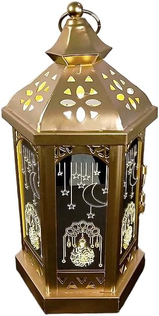 Ramadan Kareem Lantern - Gold Design Perfect for Eid Mubarak New Year Muslim Gift for Festive Decorations Traditional Lights Charm Festive Seasons (Battery Operated, 5x11 inches) by Unknown