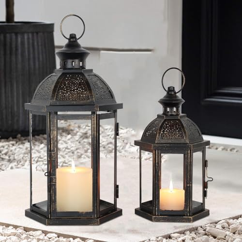 Large Lantern Decorative Outdoor & Indoor, Set of 2 (15’’&11’’) Metal Candle Lanterns Decor, Vintage Hanging Candle Holder for Front Porch Patio Wedding Farmhouse Home, Spring Decoration - Image 7