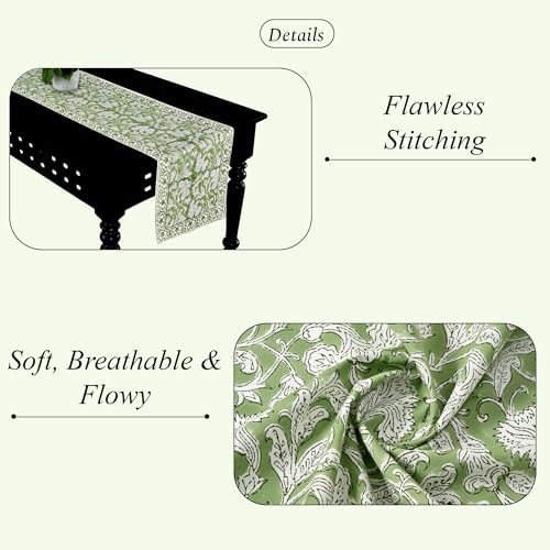 Ridhi Sage Green Hand Block Print Cotton Table Runner Garden Farmhouse Buffet Tabletop Cover for Home Kitchen Dining Décor Parties Family Dinners Wedding Thanksgiving Christmas (16X70 Inches) - Image 2