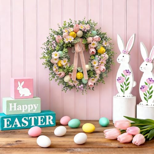 22 Inch Easter Wreath for Front Door with Easter Eggs, Eucalyptus Leaves, Daisies, Tulips, & Plush Chicks, Easter Spring Wreath with Velvet Ribbon Bow Decorations for Home - Image 5