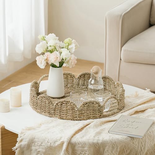 Wicker Tray, Handwoven Woven Tray with Handles and Scalloped Edge, Round Wicker Basket for Home Decor and Organizing, 16.9" L x 16.9" W x 3.5" H - Image 4