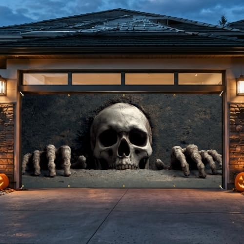 Halloween Garage Door Banner 157.5x70.9in 2D Skull Breaking Wall Horror Theme Outdoor Garage Decoration with Reinforced Grommets & Rope for Yard Porch Haunted House Decor - Image 3
