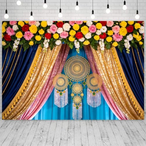 9x6ft India Pooja Backdrop Marigold Garland Diwali Traditional Festival Ganpati Photography Background Hindu Wedding Mehndi Party Banner Decorations Photo Studio Props - Image 3
