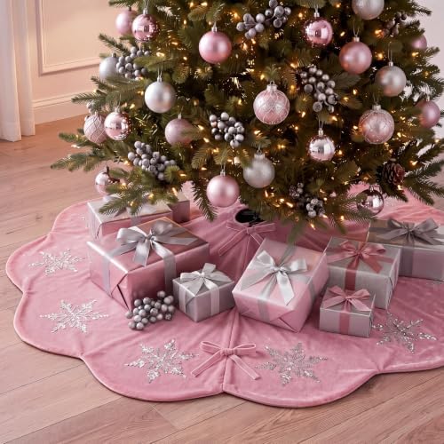 Hollowfly Dusty Pink Velvet Christmas Tree Skirt with Sequin Snowflake 48'' - Image 4