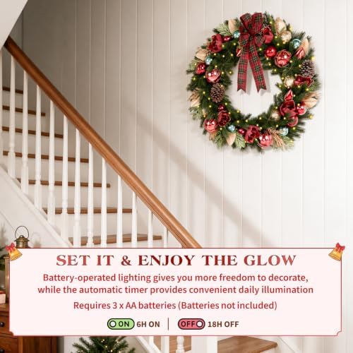 Hykolity 32 Inch Pre-Lit Magnolia Christmas Wreath, Battery Operated Lighted Wreath with 60 Warm White LEDs, Timer, Burgundy Flowers, Plaid Bow, Ornaments and Pinecones for Front Door - Image 4