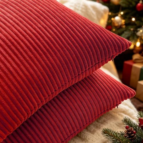 Set of 2 Christmas Corduroy Large Decorative Throw Pillow Covers 26x26 Red - Image 2
