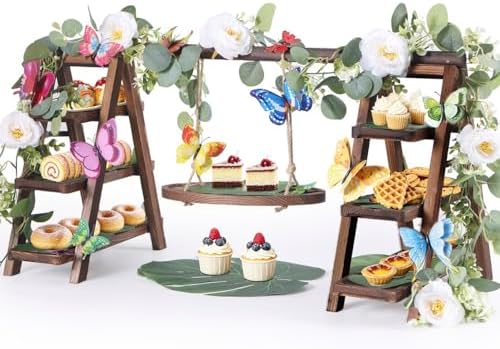 Wooden 3 Tier Cupcake Stand with Flower Vine, Palm Leaves & Decorative Butterflies, Cupcake Holder for Tea Party Supplies, Serving Trays for Party Perfect for Dessert Cups and charcuterie Cups by Unknown