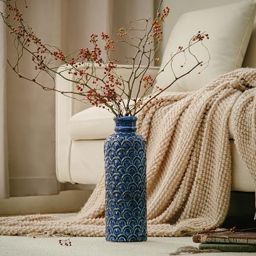 Ceramic Flower Vase,13.98" Tall Vintage Blue Pottery Vase for Home Decor, Rustic Textured Vase for Pampas Grass, Living Room, Entryway, Mantel, Kitchen Table - Image 7