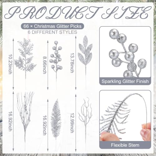 Silver 66 Pcs Christmas Glitter Picks and Sprays, Xmas Artificial Floral Stems Branches Berry Leaf Pine for Tree Topper Wreath Garland Centerpiece Holiday Party Home Decor - Image 2