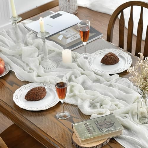 Artoid Mode Boho Milk White Gauze 6 Pieces Wedding Table Runner, 120 Inch Birthday Fabric Kitchen Dining Holiday Table Decor for Home Party Indoor - Image 3