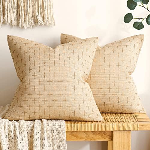 MIULEE Pack of 2 Decorative Burlap Linen Throw Pillow Covers Modern Farmhouse Pillowcase Rustic Woven Textured Cushion Cover for Sofa Couch Bed 24x24 Inch Light Yellow by MIULEE